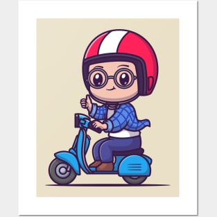 Cute Male Riding Scooter Cartoon Posters and Art